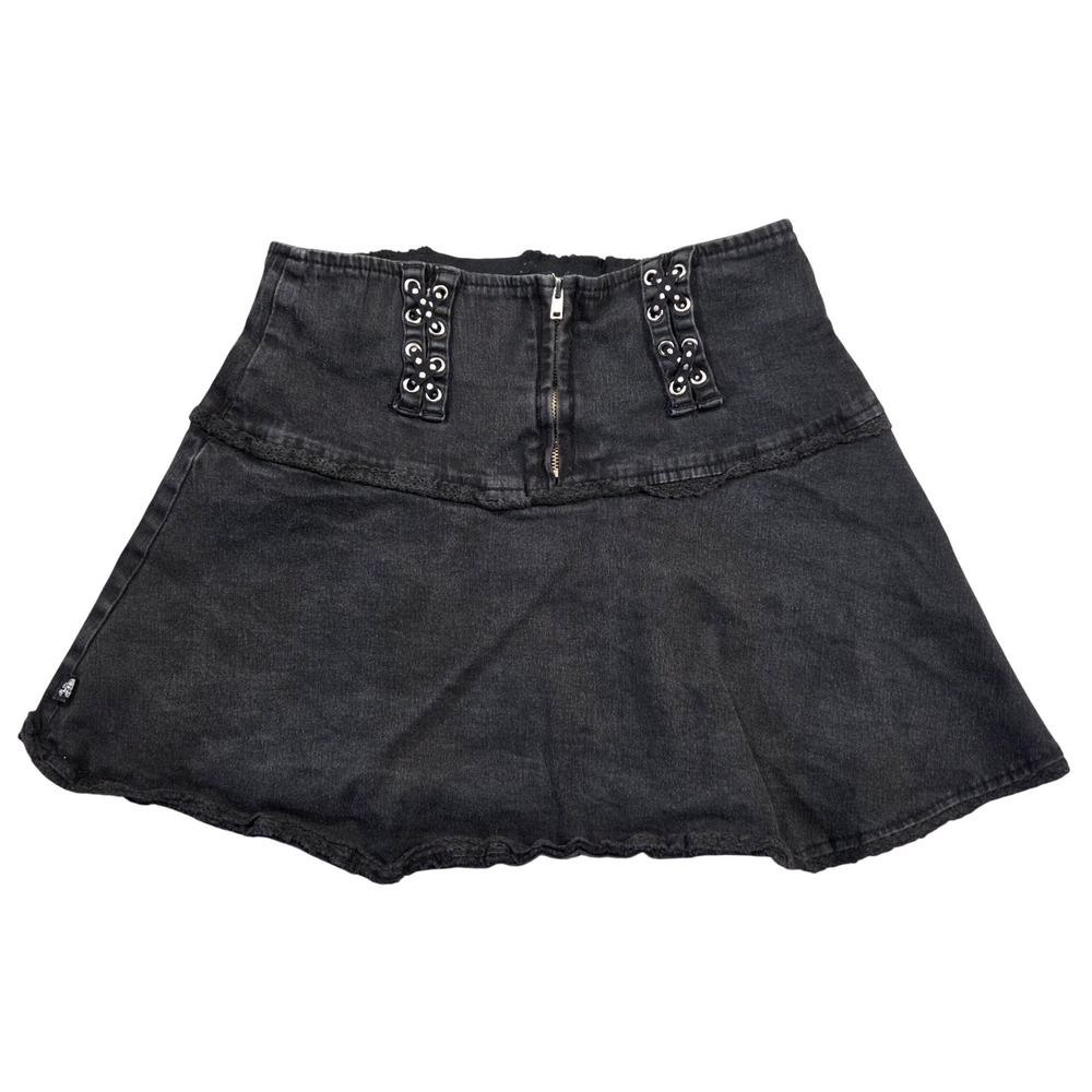 Vtg Tripp NYC Black Denim Grommet Lace Up Mini Skirt S Bratz‎ Punk Goth Grunge